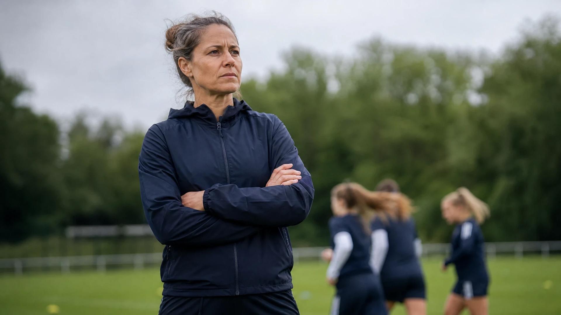 Sandrine Soubeyrand, head coach of Paris FC, stands thoughtfully on the training pitch as young female players practice in the background.