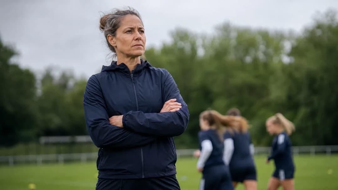 Sandrine Soubeyrand, head coach of Paris FC, stands thoughtfully on the training pitch as young female players practice in the background.