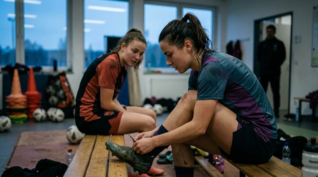 Two female football players in a training room preparing for a match.