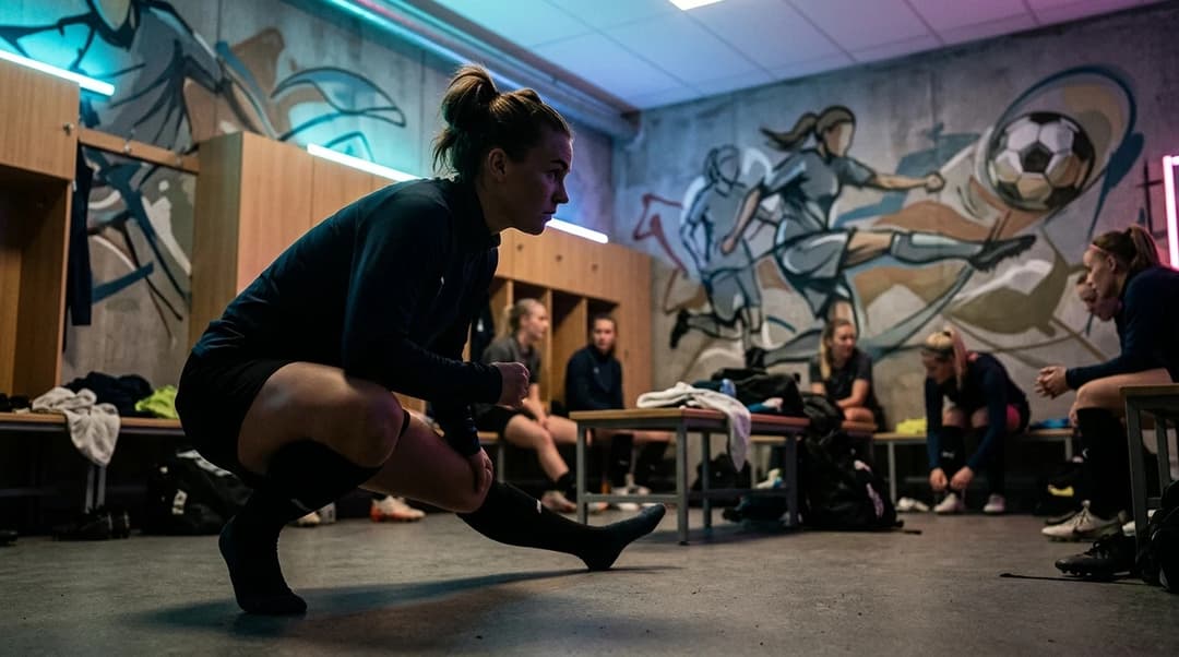 A female athlete stretches in a locker room, illuminated by neon lighting.