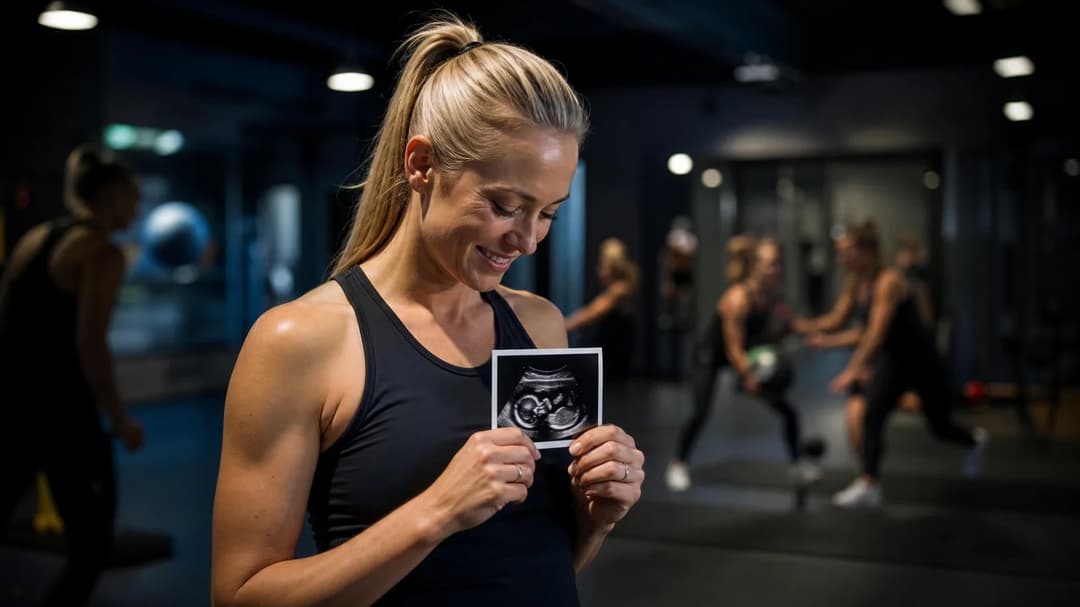 Fridolina Rolfö holds a baby scan in a training facility while teammates train in the background.