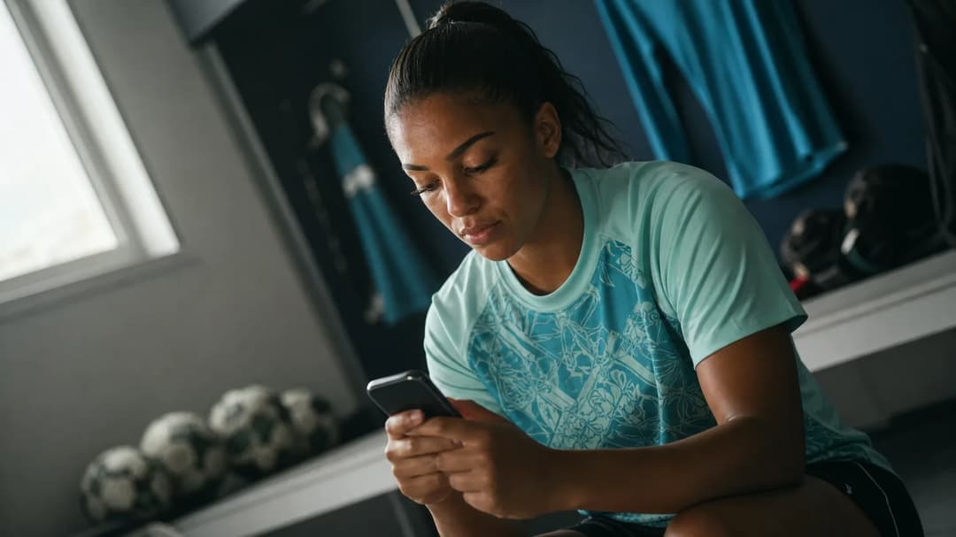 A female footballer sits on a bench in a training room, focused on her smartphone.