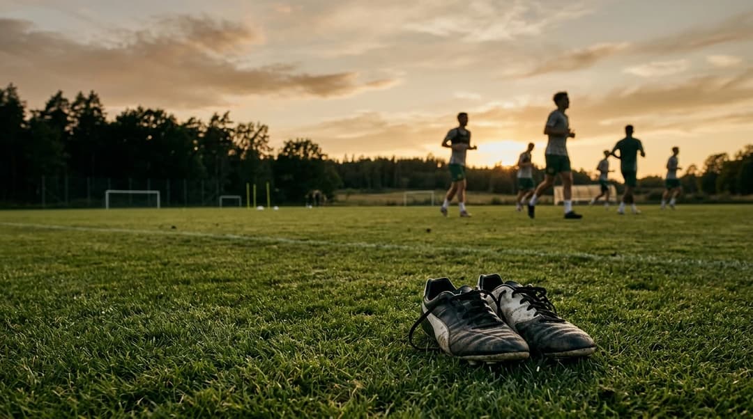A tranquil evening scene of a football pitch with sports shoes in the foreground.