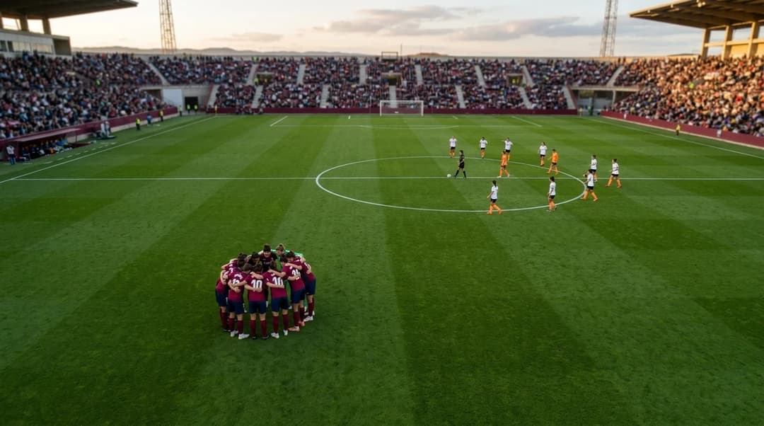 Aerial view of football players huddled before a match on a lush green pitch.