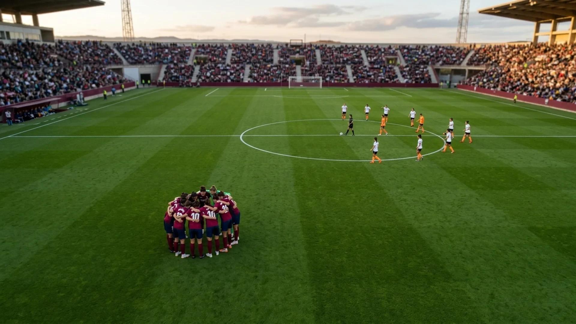 Aerial view of football players huddled before a match on a lush green pitch.