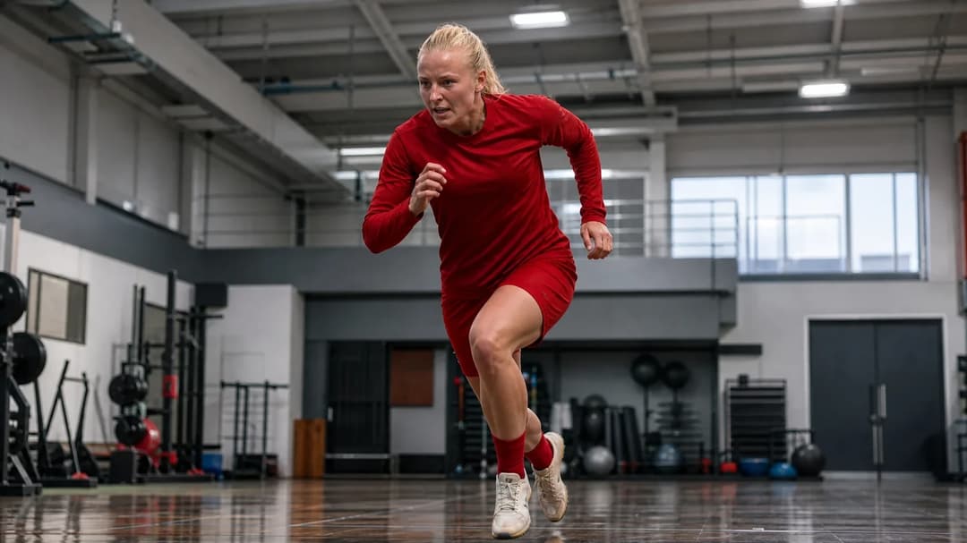 Cassandra Korhonen captured in a training facility, poised mid-stride in a football kit.