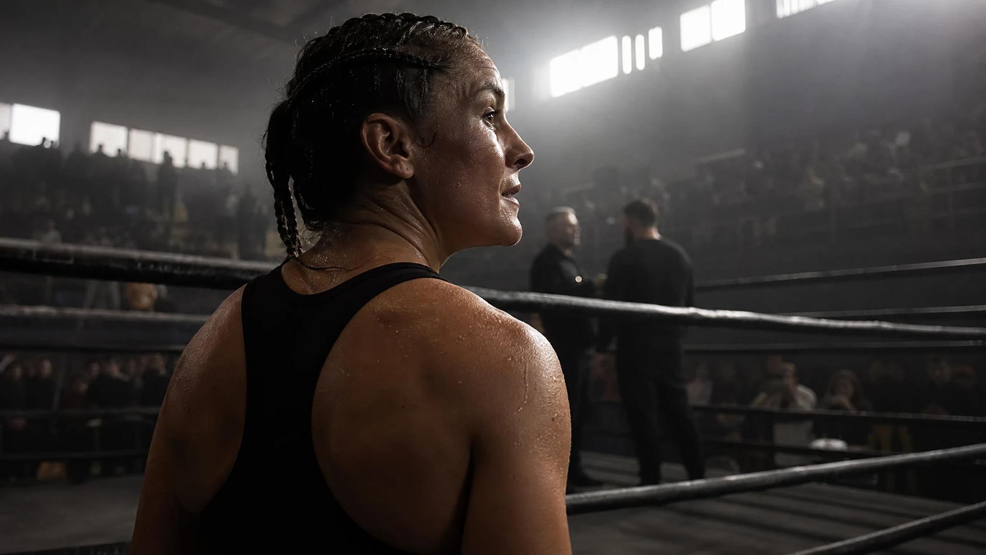 A female boxer, Skye Falzon, reflecting in the ring after a fight.