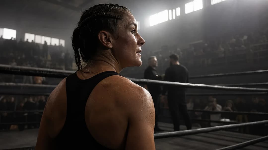 A female boxer, Skye Falzon, reflecting in the ring after a fight.