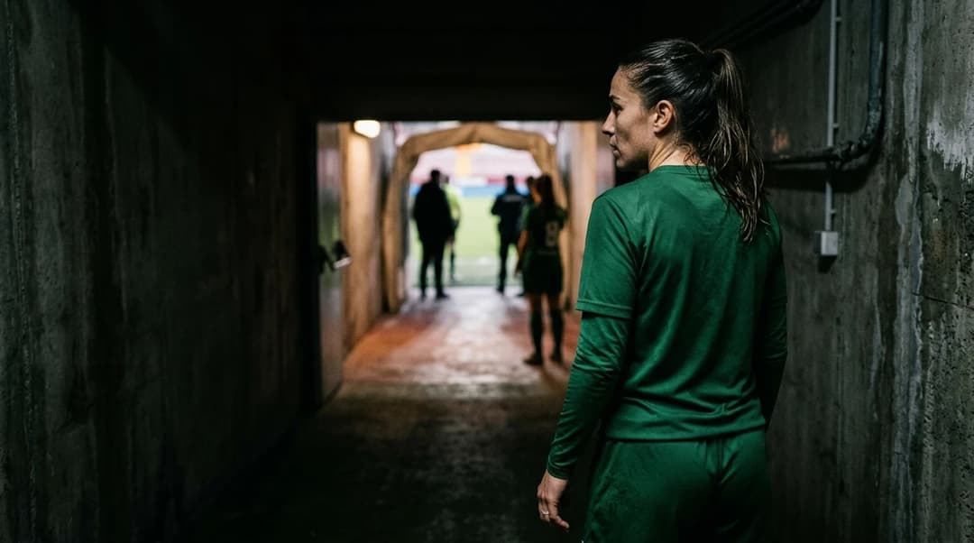 A female football player of Edf Logroño stands in a dimly-lit tunnel, looking towards the pitch.