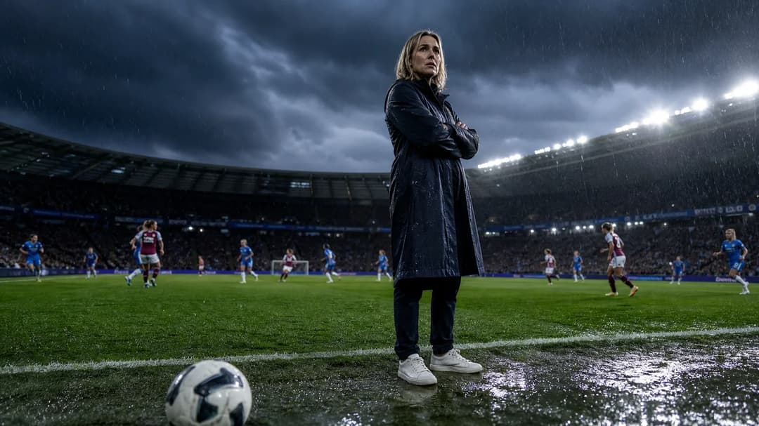 Chelsea manager Sonia Bompastor stands on the sideline during a tense football match under dark, stormy skies.