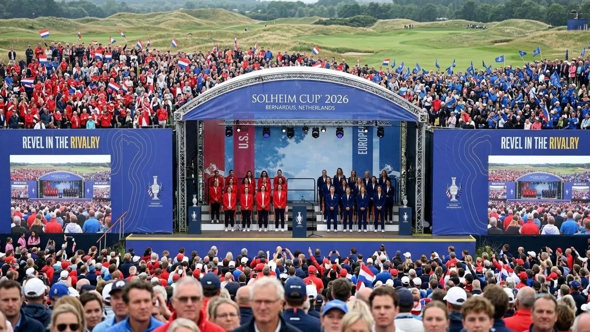Una toma amplia de dos equipos de golf en ropa ceremonial en la ceremonia de apertura de la Copa Solheim.