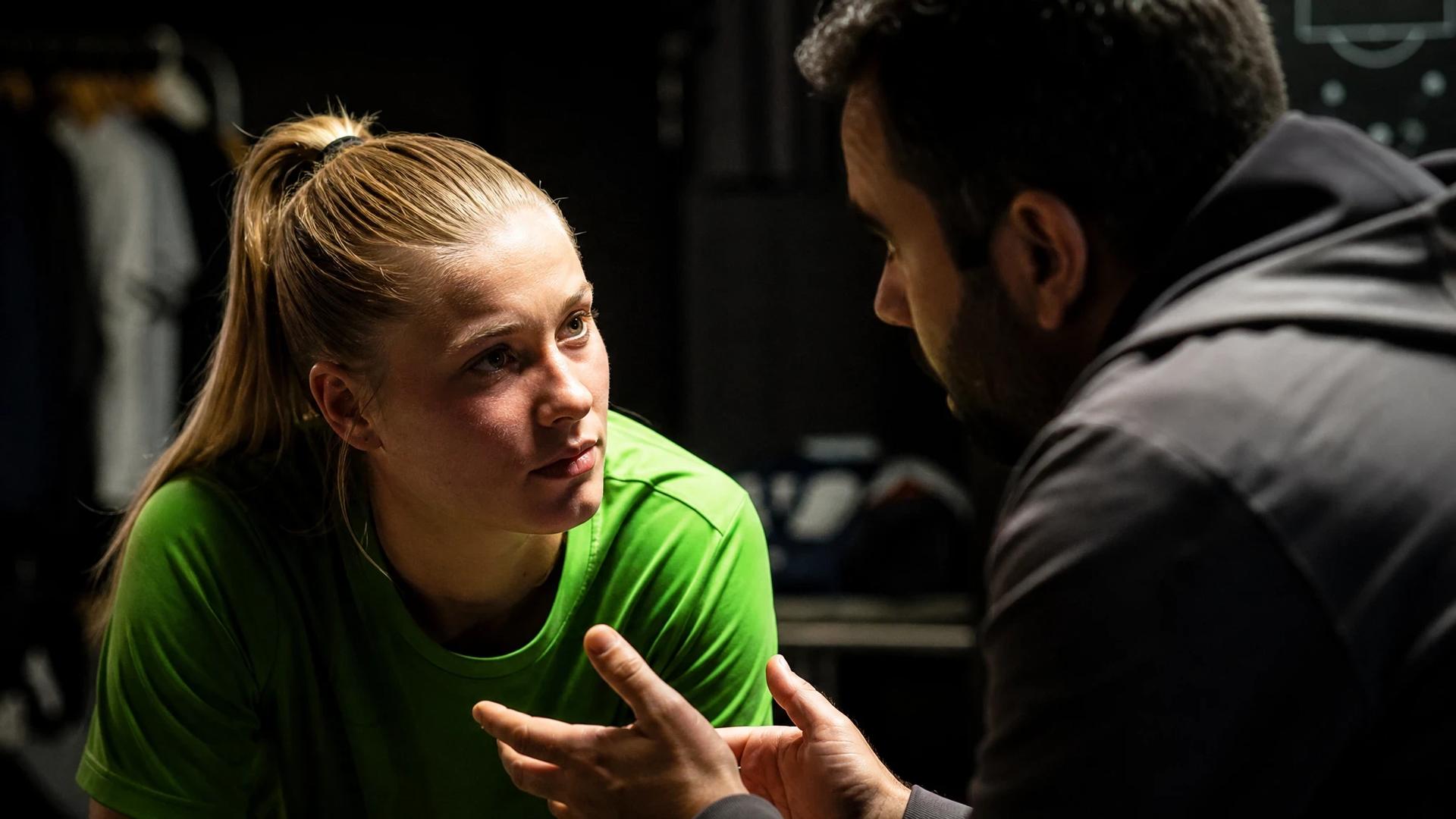 Elma Junttila Nelhage and coach Jonatan Giráldez engaged in conversation in a locker room.