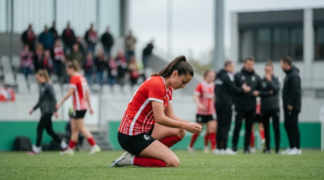 A close-up of a female football player from SC Freiburg kneeling on the pitch, deep in thought.