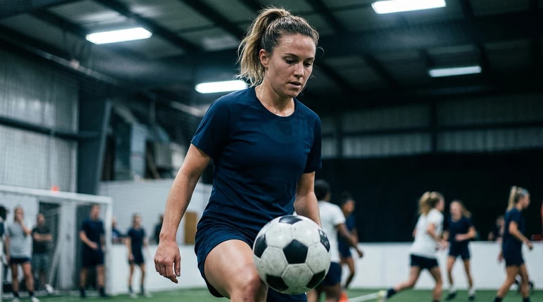 Close-up of a determined female football player practicing ball control in a training facility.