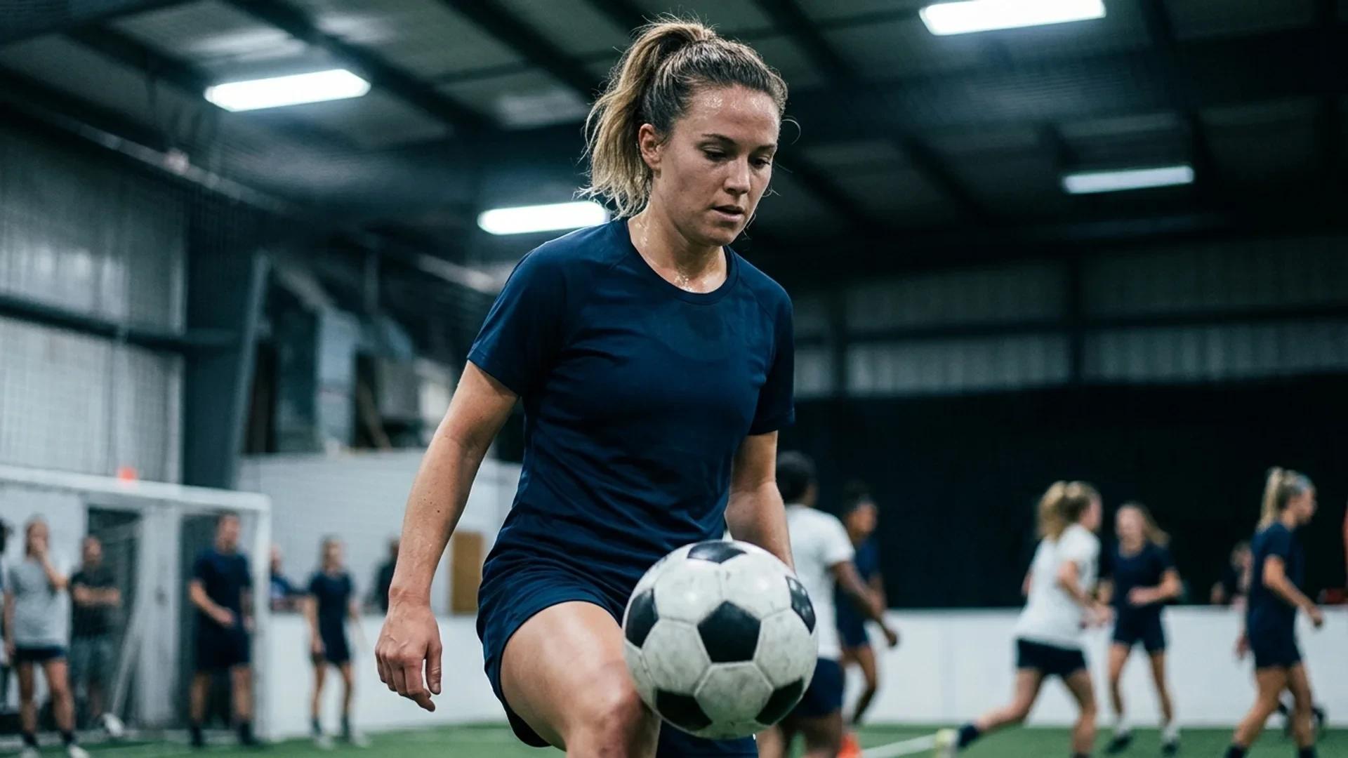 Close-up of a determined female football player practicing ball control in a training facility.