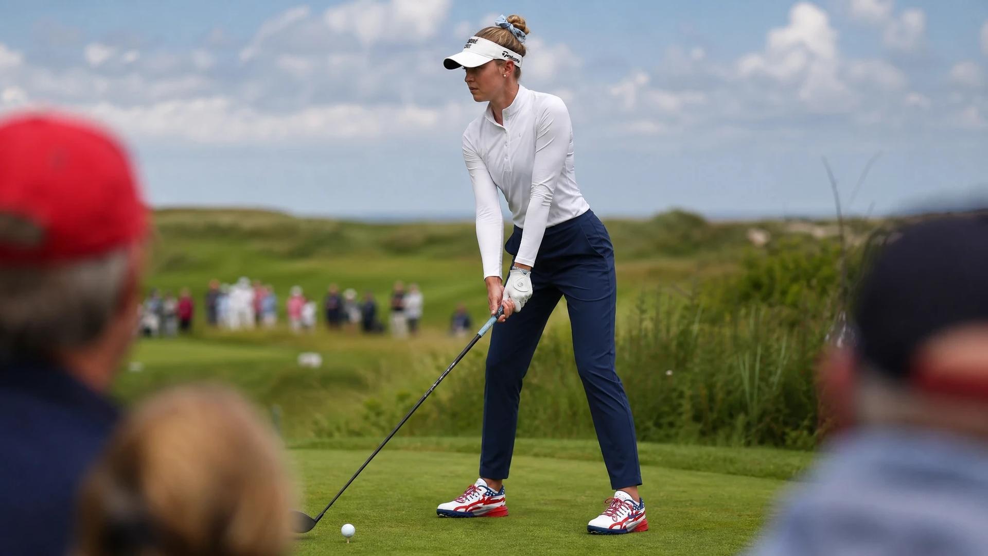 Nelly Korda preparing to tee off at the Solheim Cup 2026, showcasing her unique Nike golf shoes.