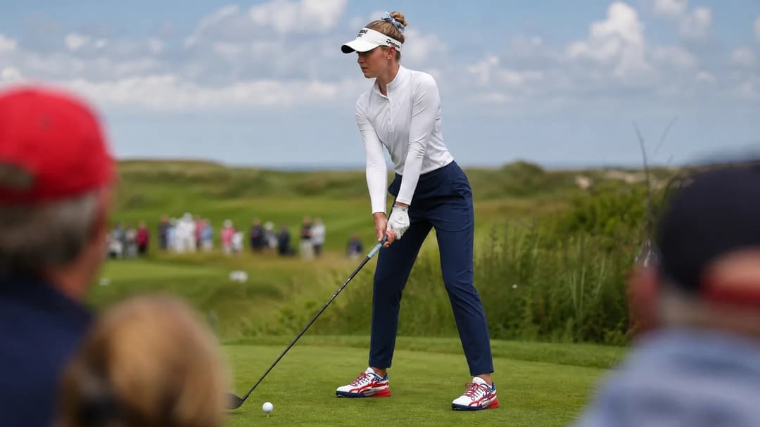 Nelly Korda preparing to tee off at the Solheim Cup 2026, showcasing her unique Nike golf shoes.