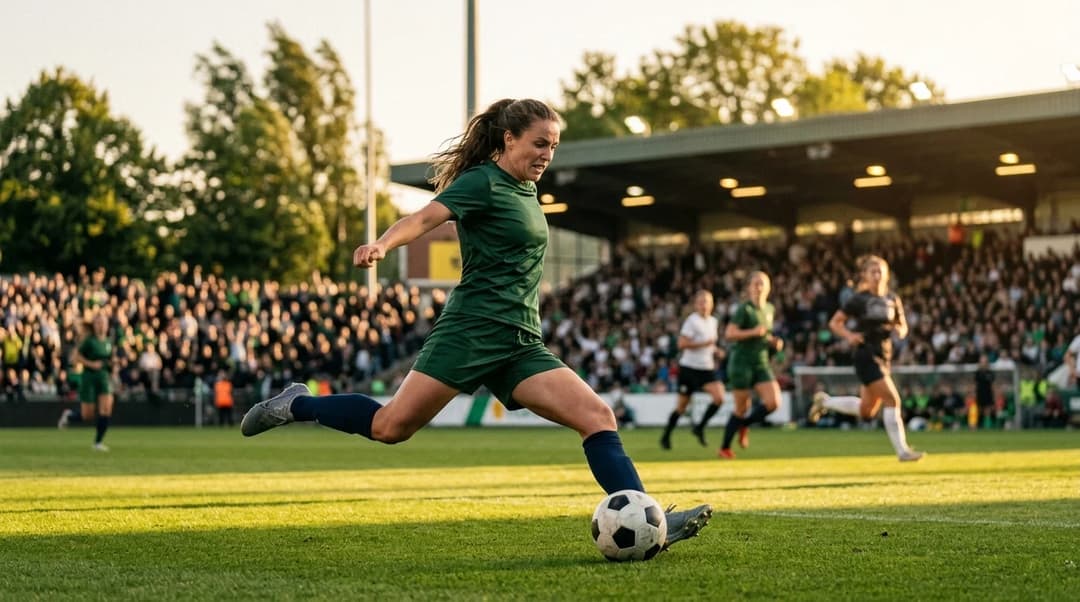A female football player extends for the ball against a backdrop of cheering fans in silhouette.
