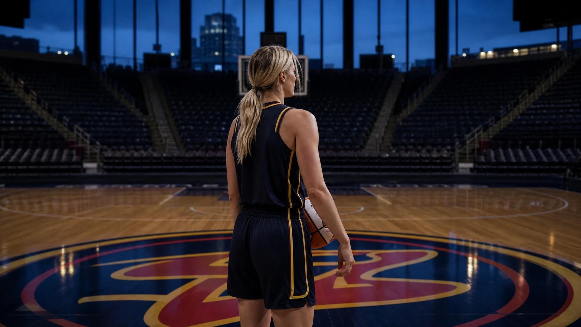 Sophie Cunningham stands reflective on the Indiana Fever court during dusk.