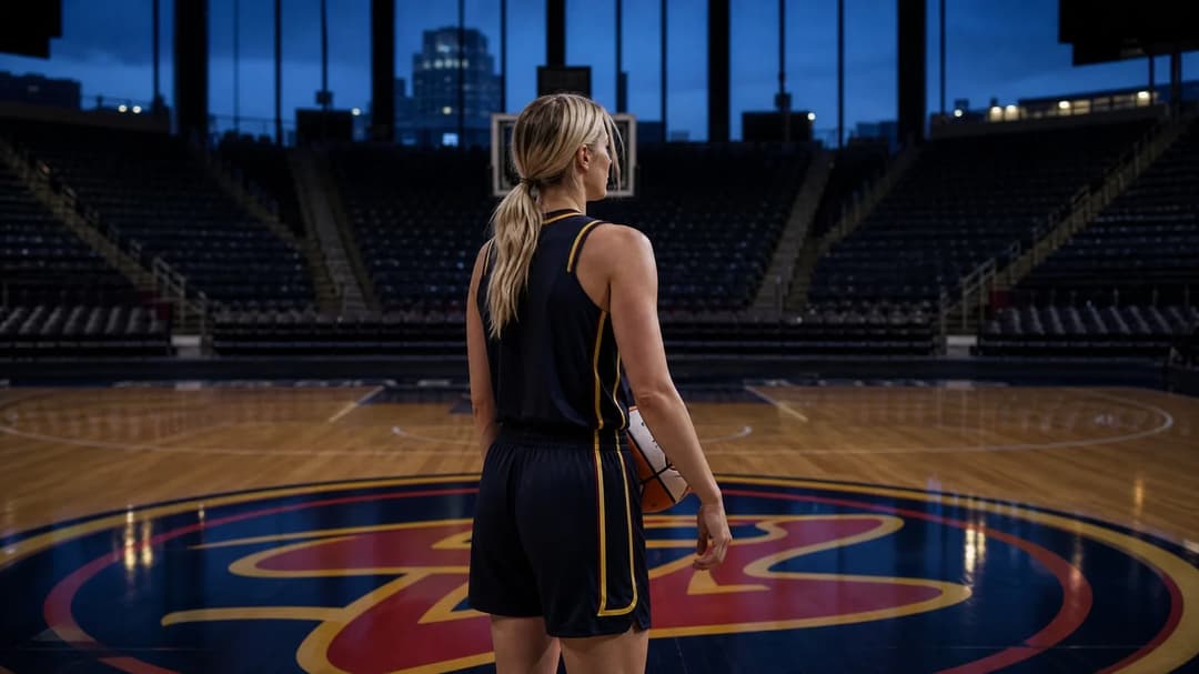 Sophie Cunningham stands reflective on the Indiana Fever court during dusk.