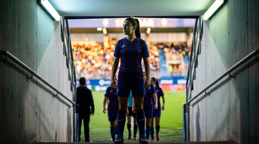 A young female footballer stands at the entrance of a tunnel, silhouetted against a bright background.
