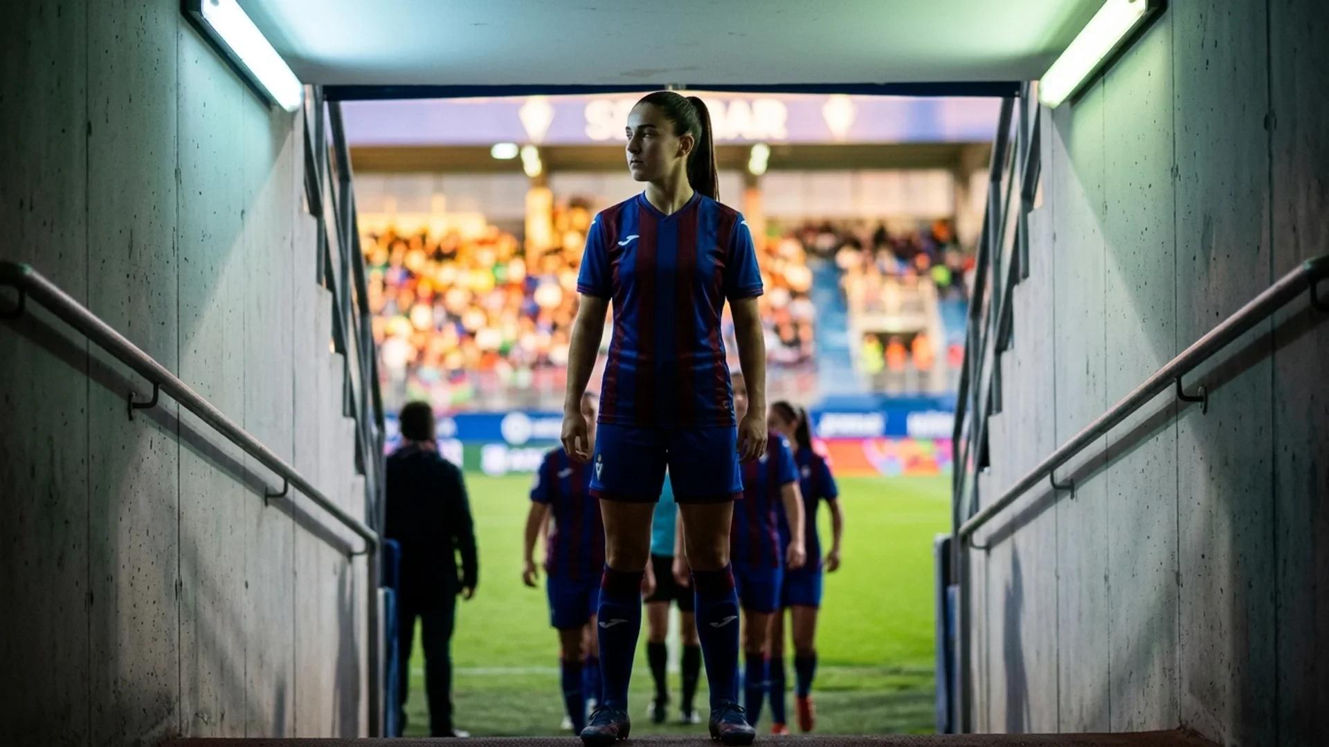 A young female footballer stands at the entrance of a tunnel, silhouetted against a bright background.