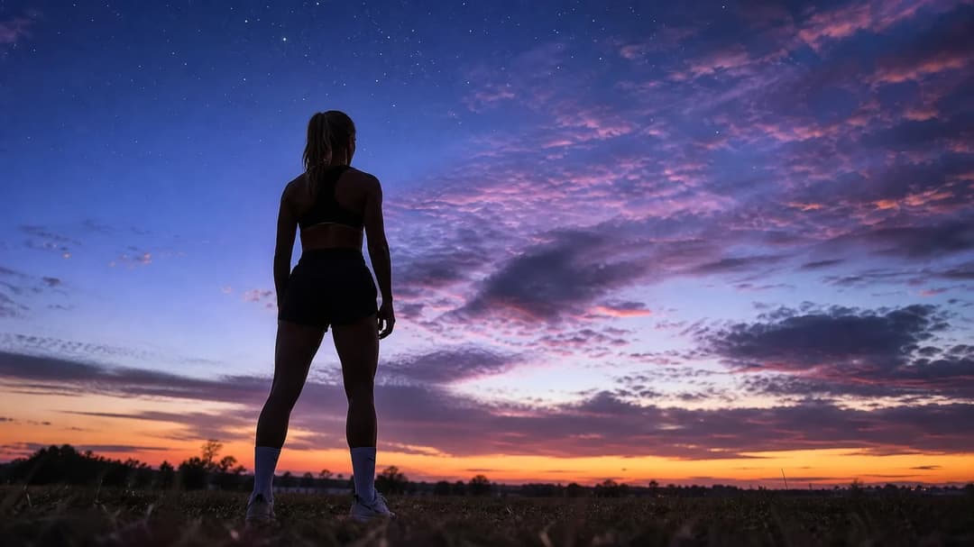 A silhouette of a female football player against a dusky sky, conveying a sense of transition.