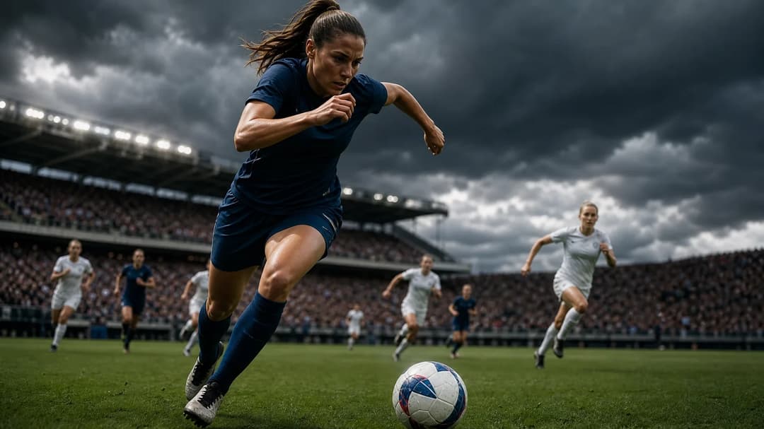 Dramatic football match scene at Snapdragon Stadium featuring a female player in action.