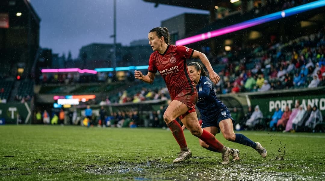 A Portland Thorns player evades a Chicago Red Stars opponent on a rainy football pitch.