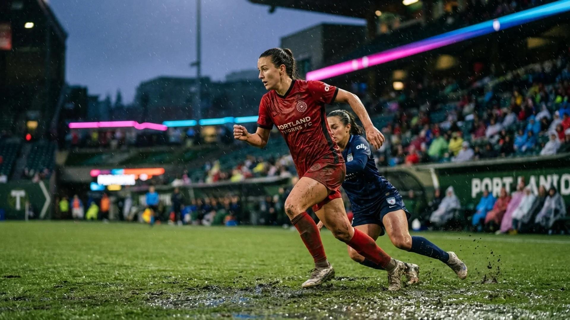 A Portland Thorns player evades a Chicago Red Stars opponent on a rainy football pitch.