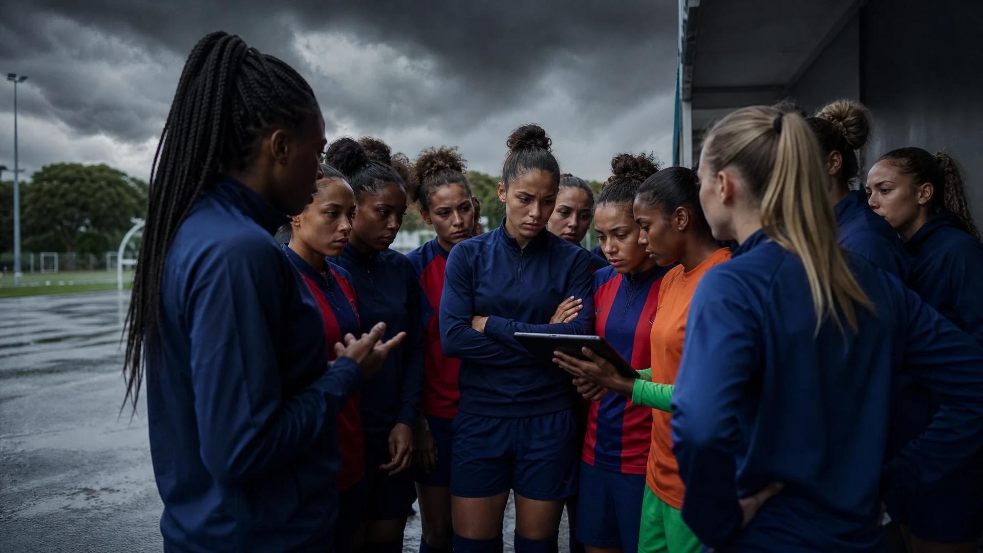 A group of female football players in a tense discussion behind the scenes at PSG Campus.