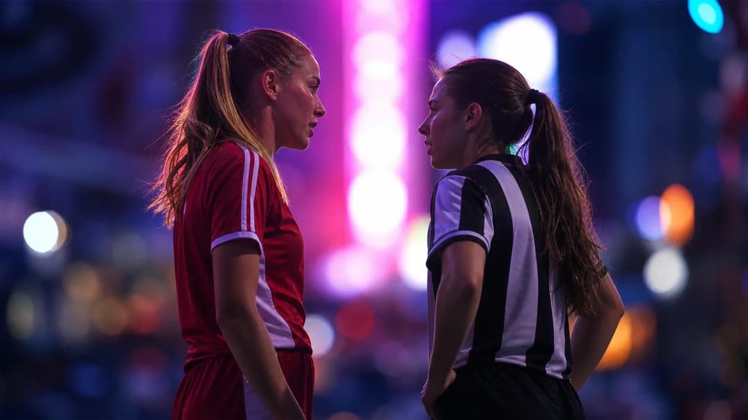 Silhouette of two female football players engaging in conversation against a neon-lit urban background.