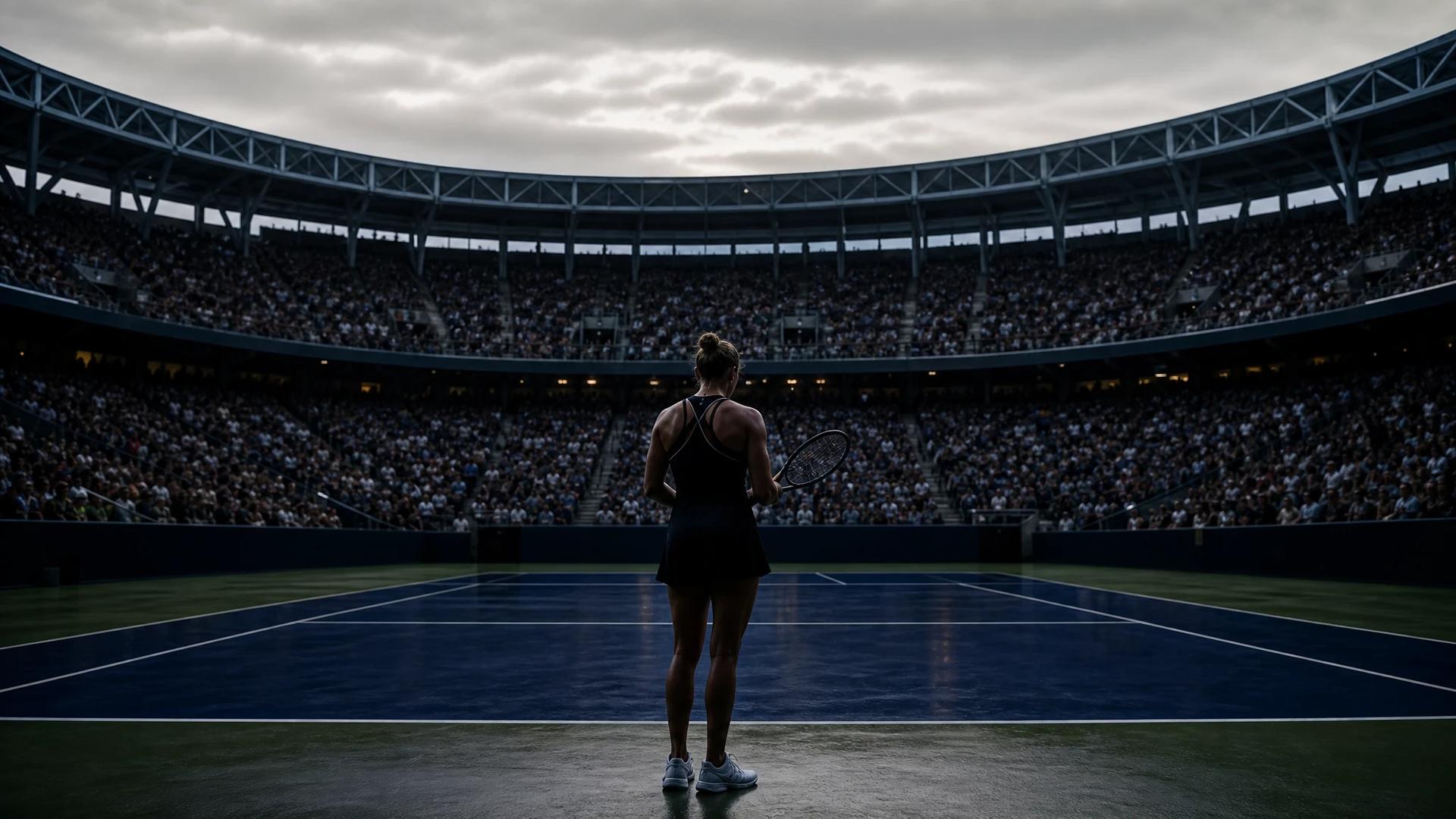 Aryna Sabalenka standing at the edge of the court in a dimly lit Flushing Meadows stadium, moments before the US Open final.
