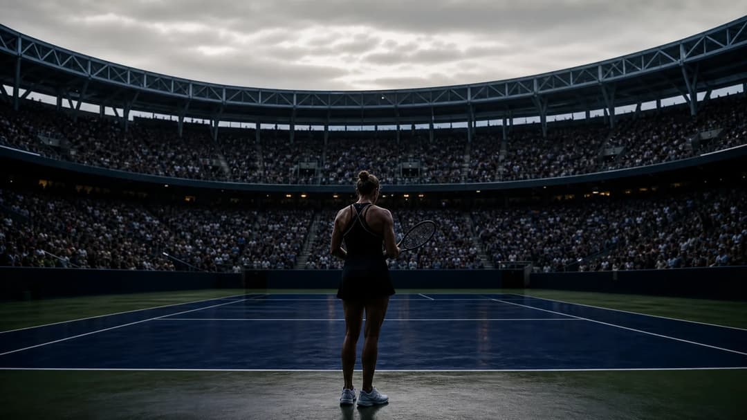 Aryna Sabalenka standing at the edge of the court in a dimly lit Flushing Meadows stadium, moments before the US Open final.