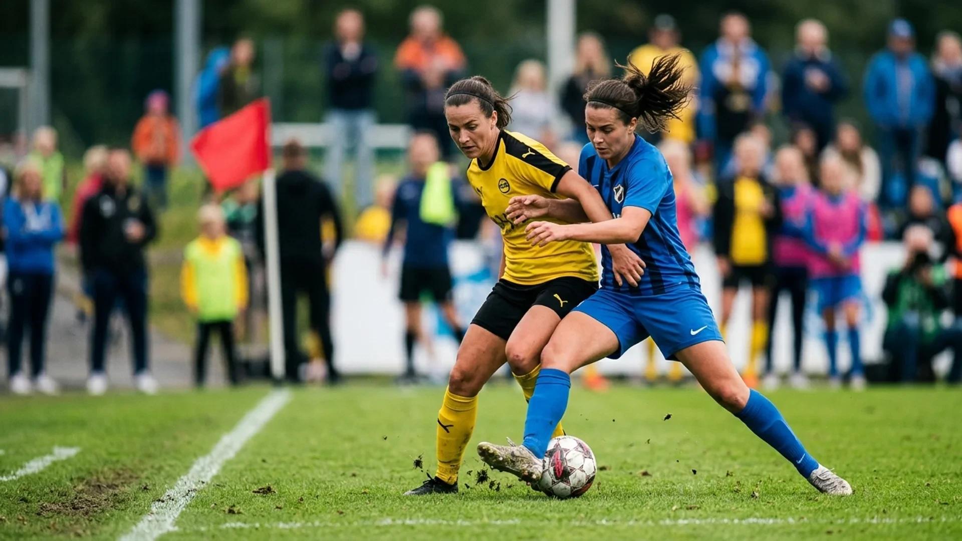 Two female football players engaging in a competitive moment on the pitch.