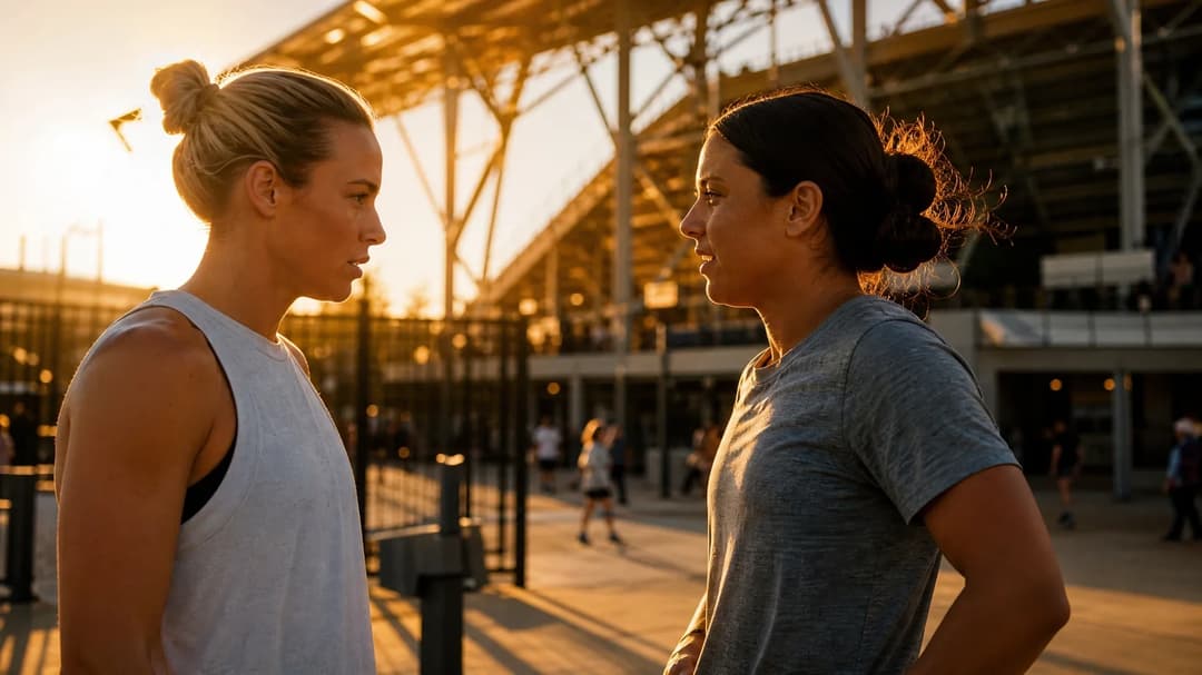 Two female football players engaged in a conversation during sunset outside a stadium.