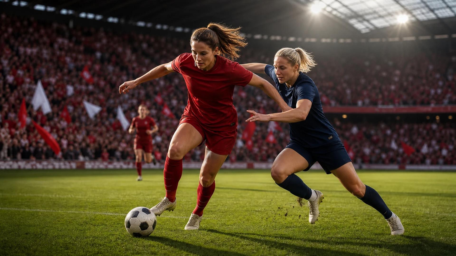 A female football player in a Liverpool kit dribbles past an opponent from Tottenham Hotspur.