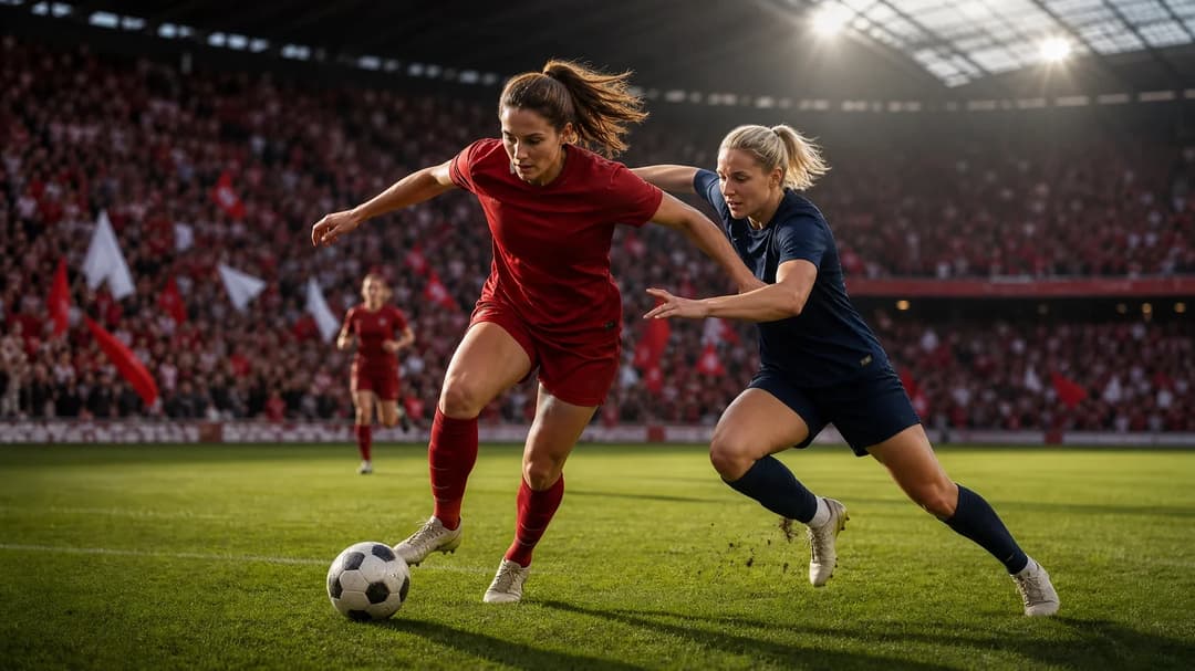 A female football player in a Liverpool kit dribbles past an opponent from Tottenham Hotspur.