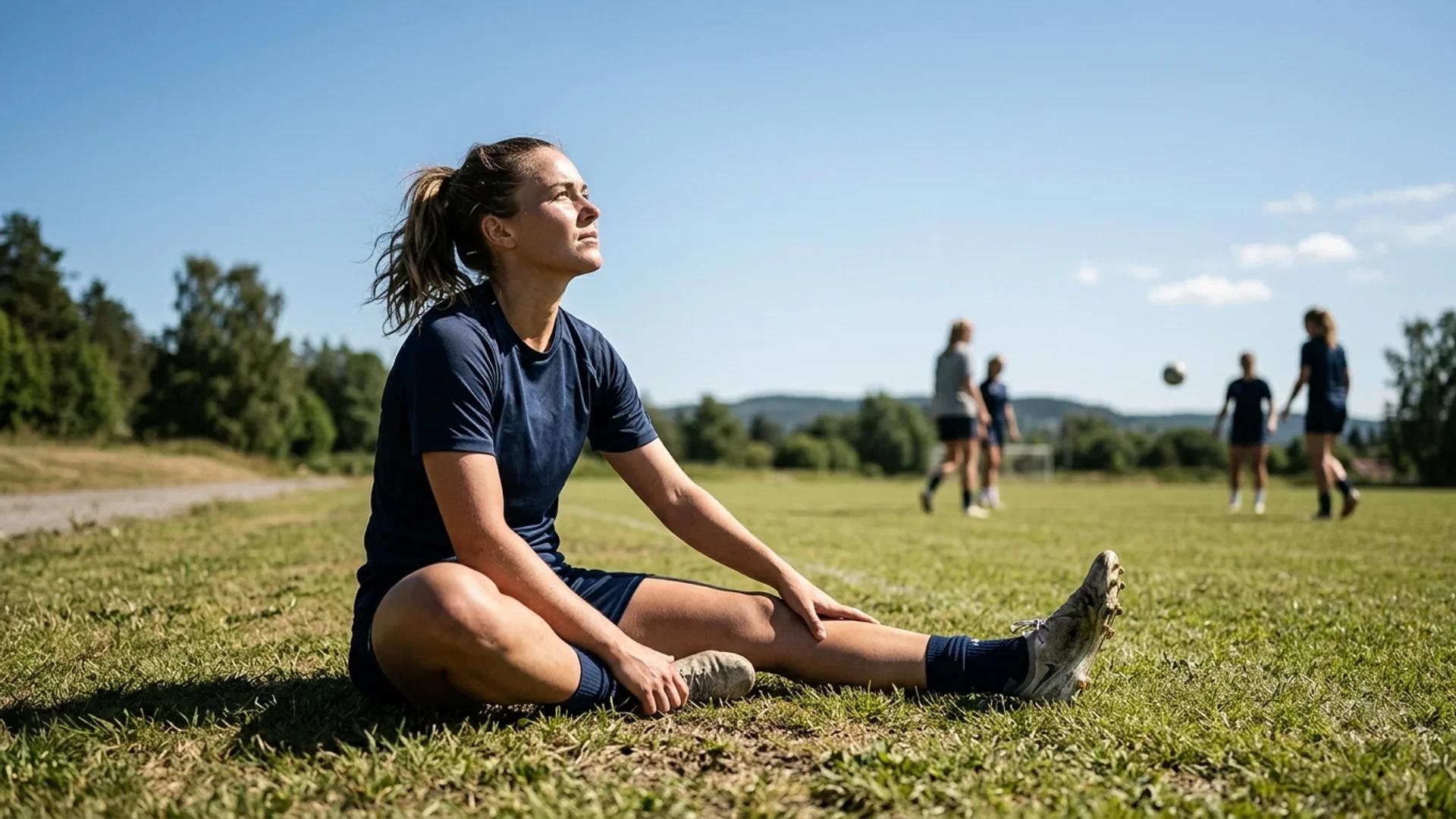 A Lyn football player stretching on a training pitch under midday sun.