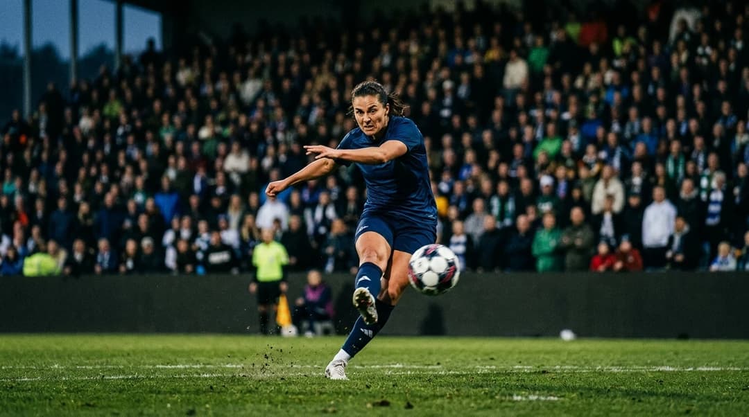 An intense moment of a football player mid-kick on the pitch.