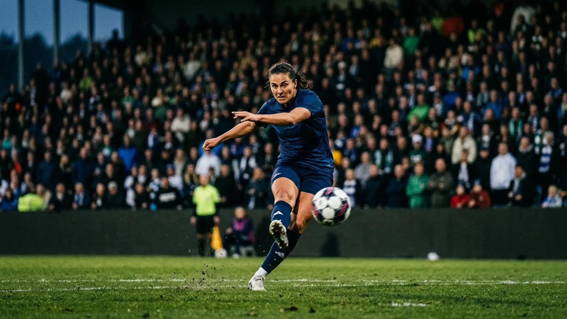 An intense moment of a football player mid-kick on the pitch.
