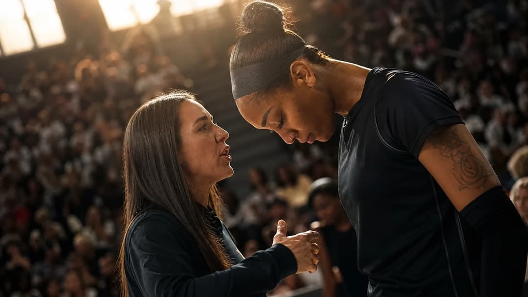 A'ja Wilson discussing strategy with coach Becky Hammon in a basketball arena filled with fans.