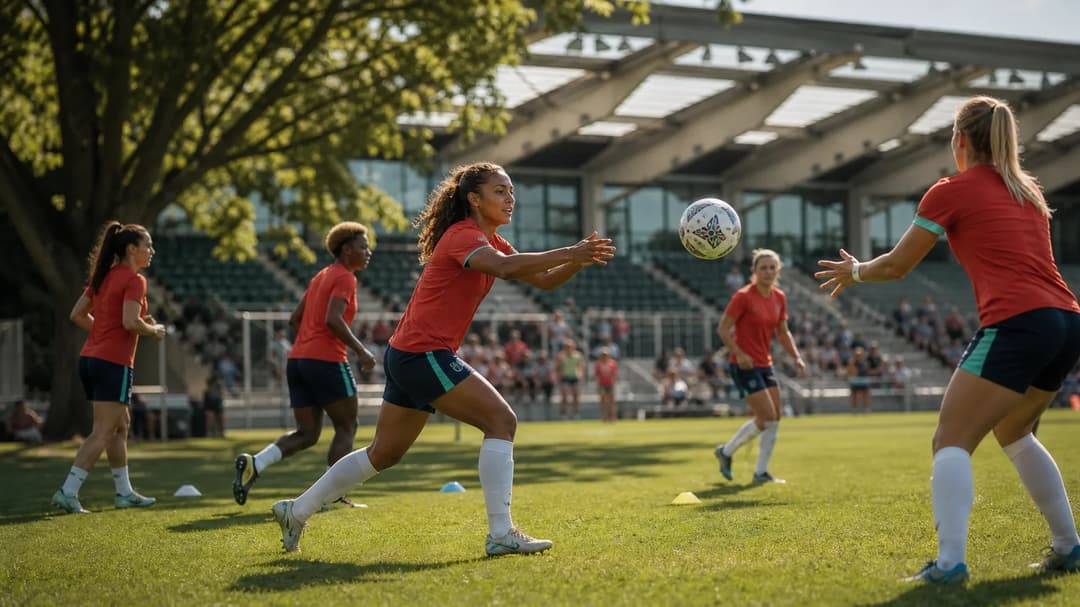 Kansas City Current women's football team training in CPKC Stadium under dappled sunlight.