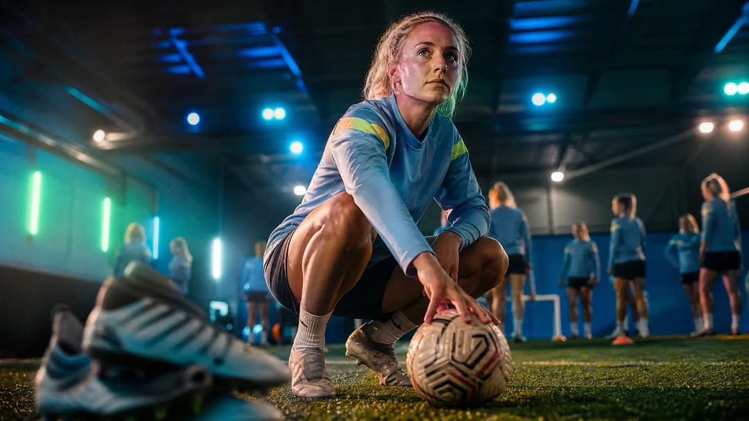 Football player Grace Clinton training with focus during a low-angle shot.