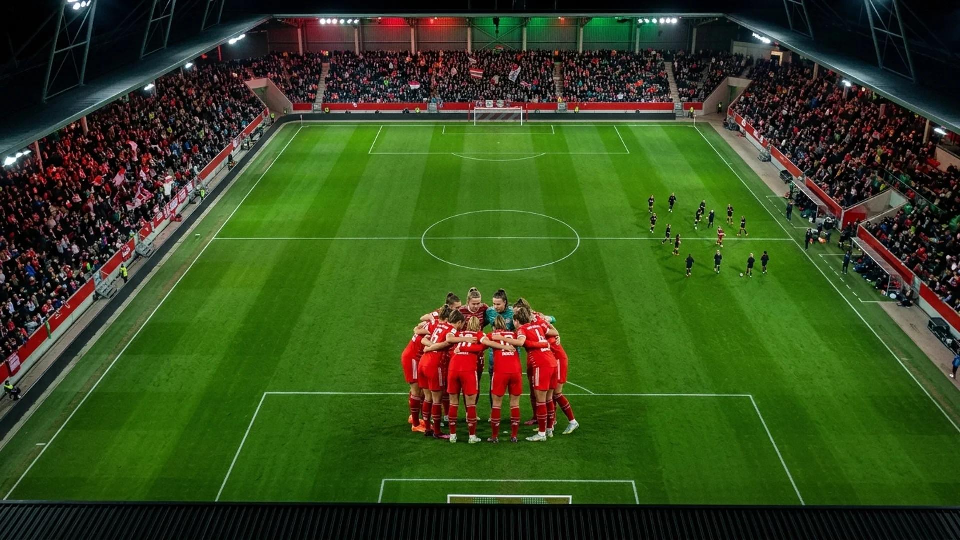 Vogelperspektive auf das Frauenfußballteam von Bayern München in einer strategischen Besprechung auf dem Spielfeld, umgeben von jubelndem Publikum.