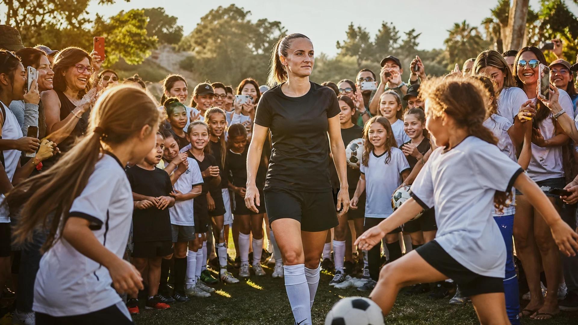 Barbara Bonansea surrounded by a crowd in a sunny park, celebrating her move to San Diego Wave FC.
