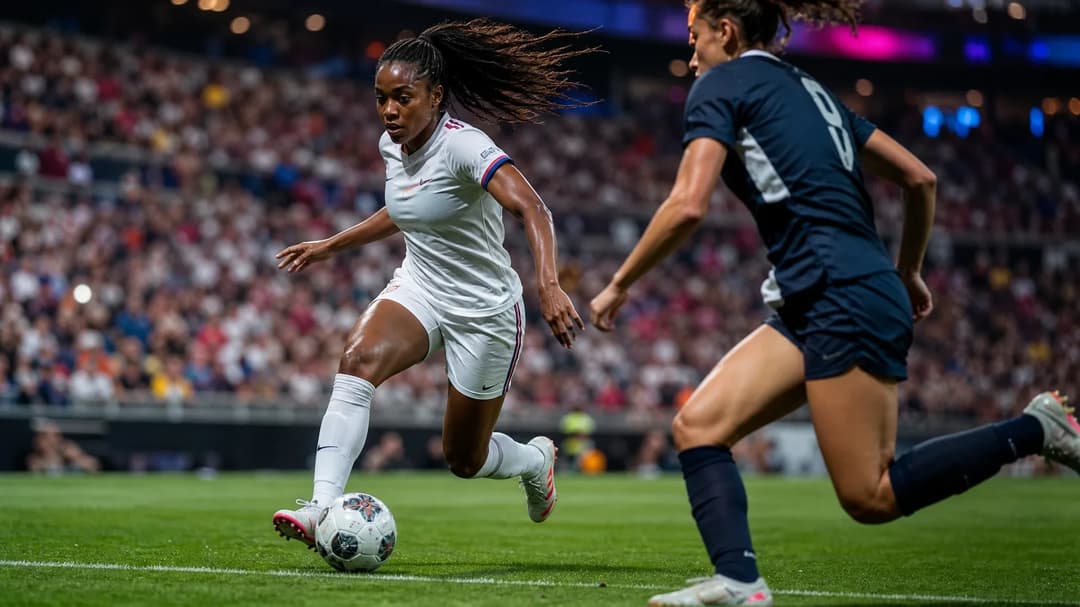A female football player from OL Lyonnes dribbling the ball during an exciting match at Groupama Stadium.