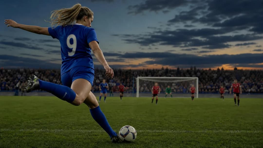 An Everton player prepares to kick the ball during a match at Walton Hall Park.