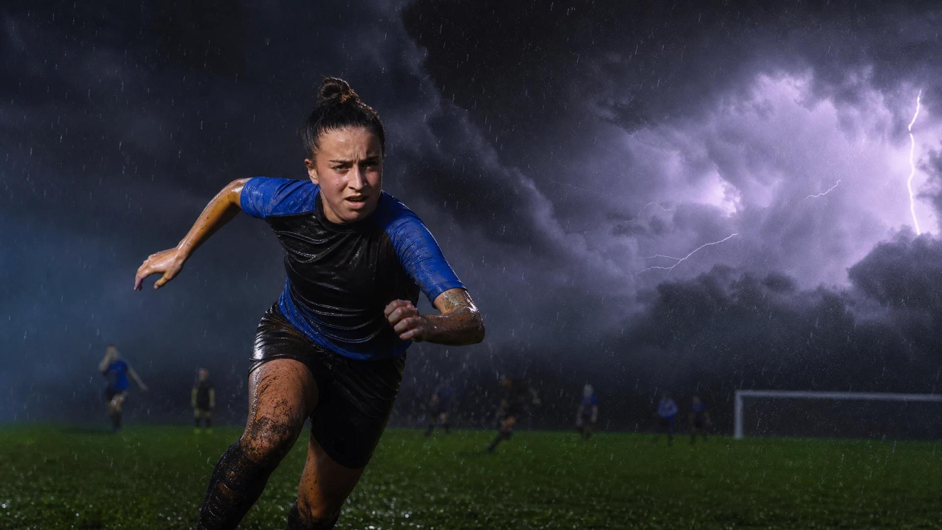 A silhouetted female football player charging through a stormy pitch, illuminated by flashes of lightning.