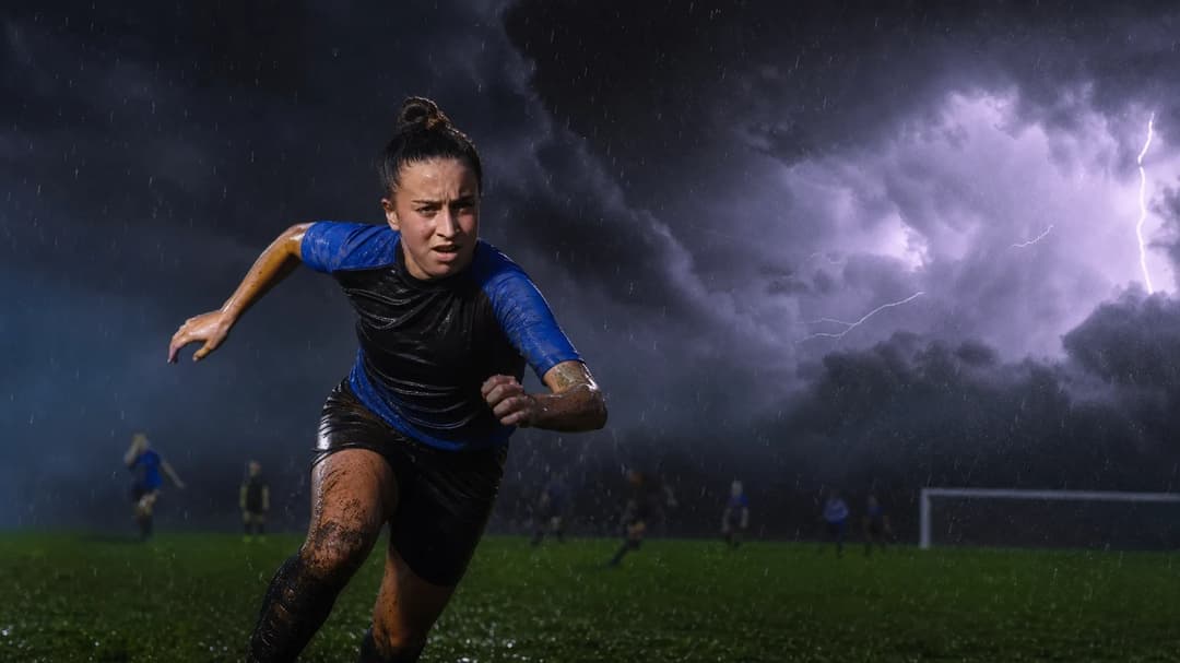 A silhouetted female football player charging through a stormy pitch, illuminated by flashes of lightning.